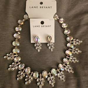 Lane Bryant Iridescent Crystal Statement Necklace & Drop Earrings - White/Gold